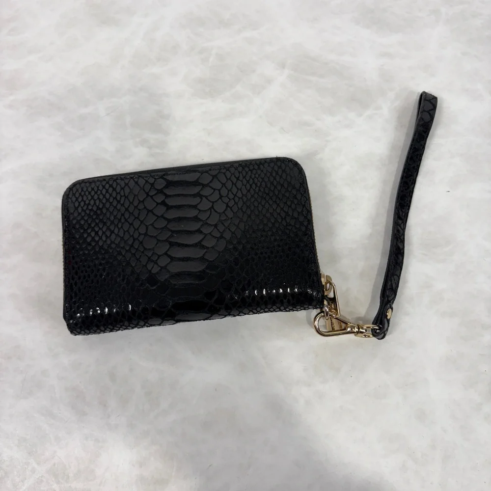 Michael Kors Black Snake-Embossed Wristlet with Gold Plate